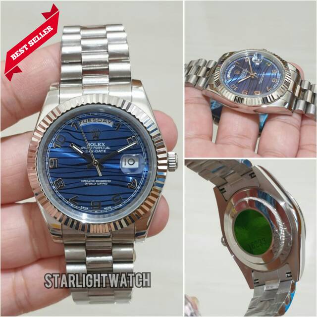 JAM TANGAN PRIA ROLEX DAY DATE AUTOMETIC SILVER BLUE DIAL