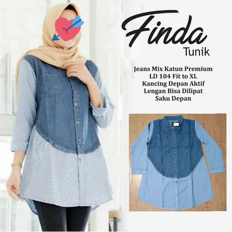 LD 105》Atasan Tunik Jeans Busui Wanita Muslim Remaja Dewasa Modern Saku Depan Lengan Panjang Solo