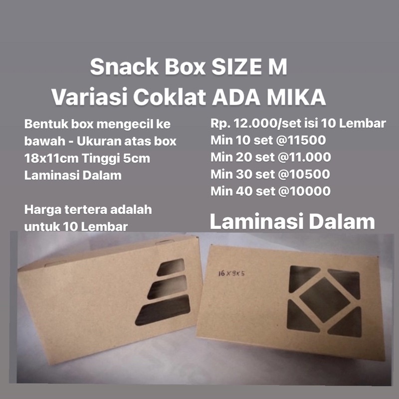 

Snack Box Coklat M isi 10 ukuran 18x11 TInggi 5cm Laminasi Dalam