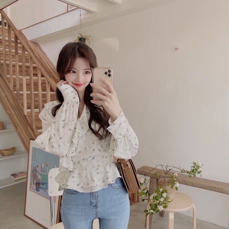 [CHARLOTTE]Blouse wanita atasan Korean Style lengan panjang pinggang ikat-3