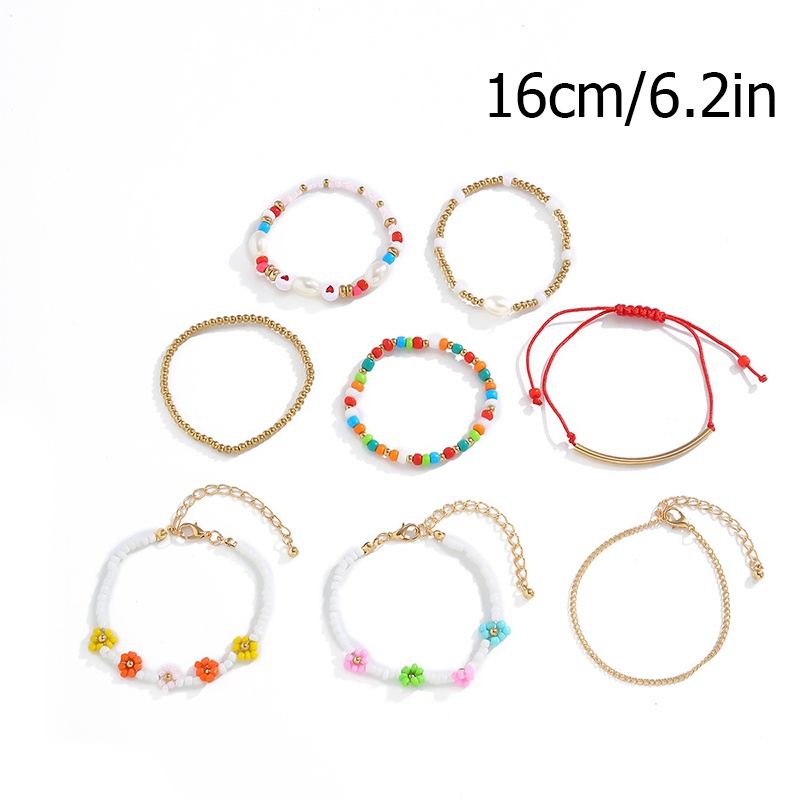 Gaya BoHo Multi-Lapisan Set Gelang Perhiasan Warna Manik-manik Gelang Set Wanita Mutiara Multi-Warna Beras Manik Dikepang Gelang