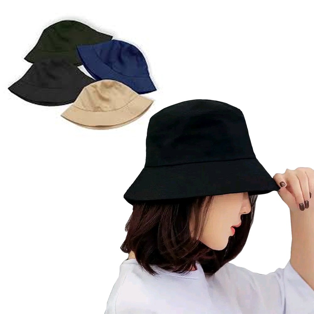 Bucket Hat Polos Korea Bolak balik Bahan Drill Katun Premium