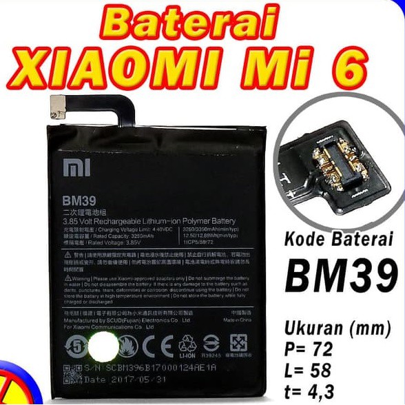 Battery Batre Baterai Mcom Xiaomi Mi6 Mi 6 BM39 BM-39 BM 39