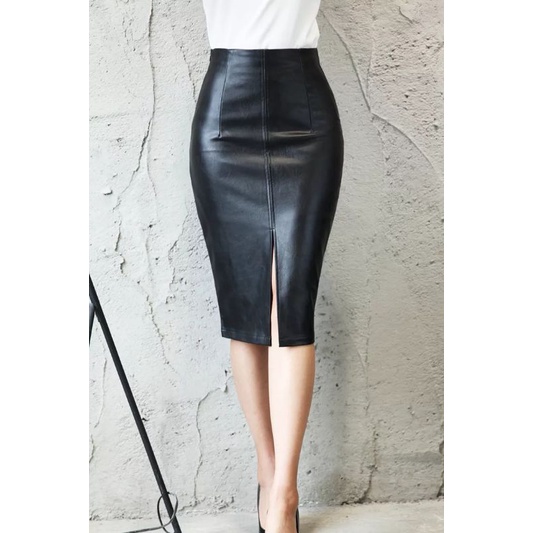 Rok Pensil Midi Seksi PU Leather Hitam Wanita Retro Musim Gugur