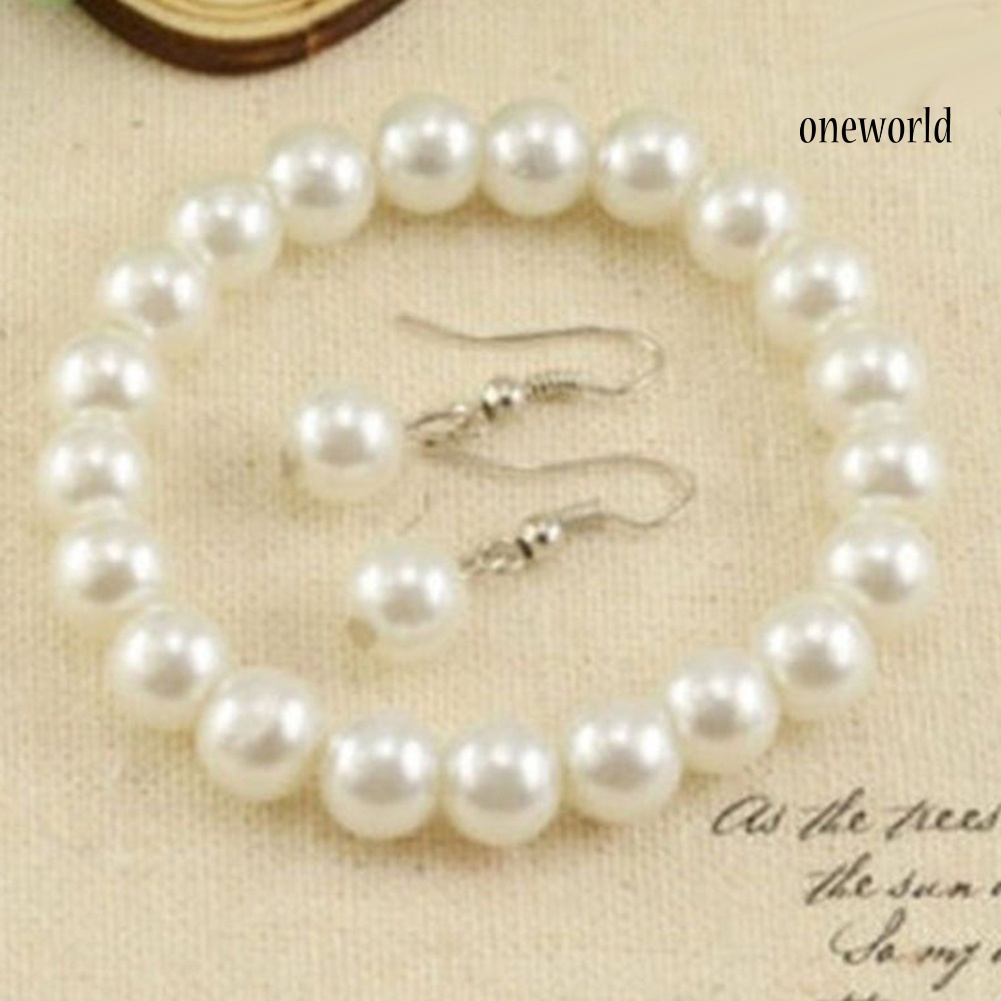 OW@ Elegant Women Faux Pearl Beads Necklace Bracelet Hook Earrings Party Jewelry Set