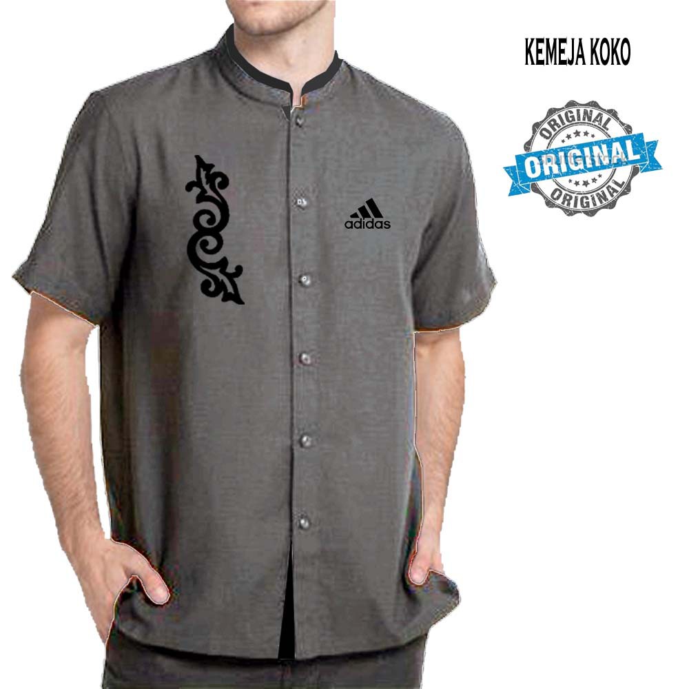 Fashion Lebaran Baju Koko Muslim 2024 Warna Abu logo Adidas - Baju Koko Motif Bordir Original - Keme