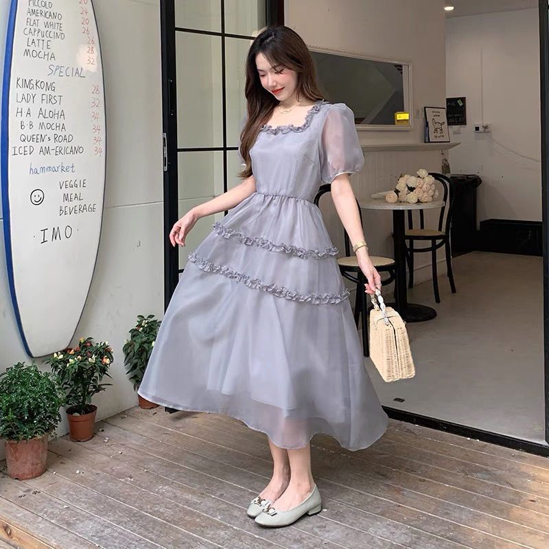 [MikanHiro Store]French puff sleeves square neck dress women's summer new gray high waist cover the flesh in the long section girly