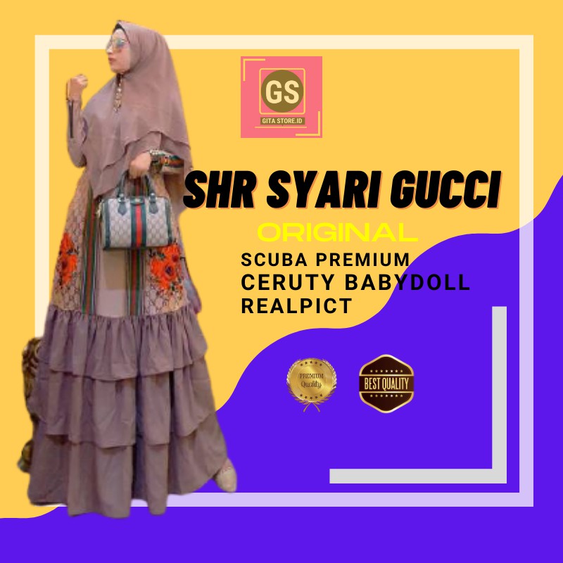 Set Pakaian  Wanita SHR  SYARI GUCCI SCUBA PREMIUM CERUTY BABYDOLL HIGH QUALITY A8