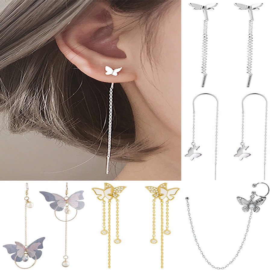 Anting Tusuk Gantung Bahan Sterling Silver 925 Desain Kupu-Kupu Untuk Wanita