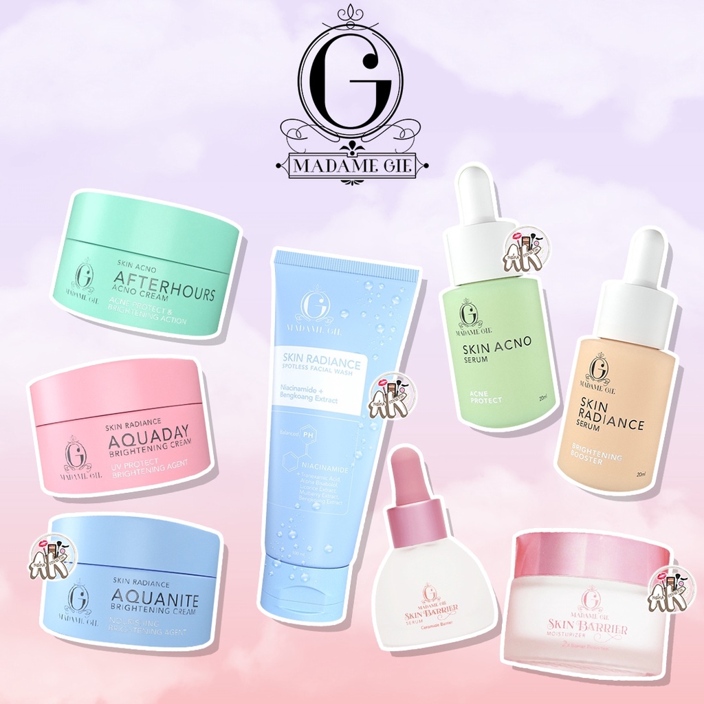 MADAME GIE SKIN CARE SERIES ( FACIAL WASH SPOTLESS / CREAM AQUADAY, AQUANITE &amp; AFTERHOURS / SERUM ACNO, BARRIER &amp; BRIGHT BOOSTER / SKIN BARRIER MOISTURIZER)