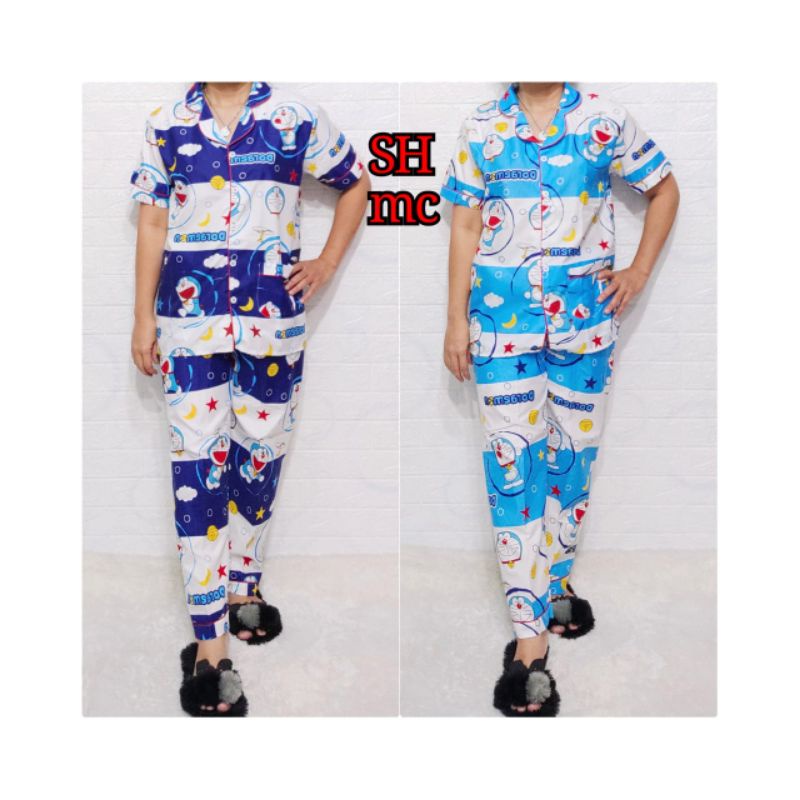 Baju Tidur Piyama Wanita Motif Doraemon  Salur Pajamas Katun  / Baju Tidur setelan Wanita Katun CP DEWASA Terbaru Bigsize Kekiniaan