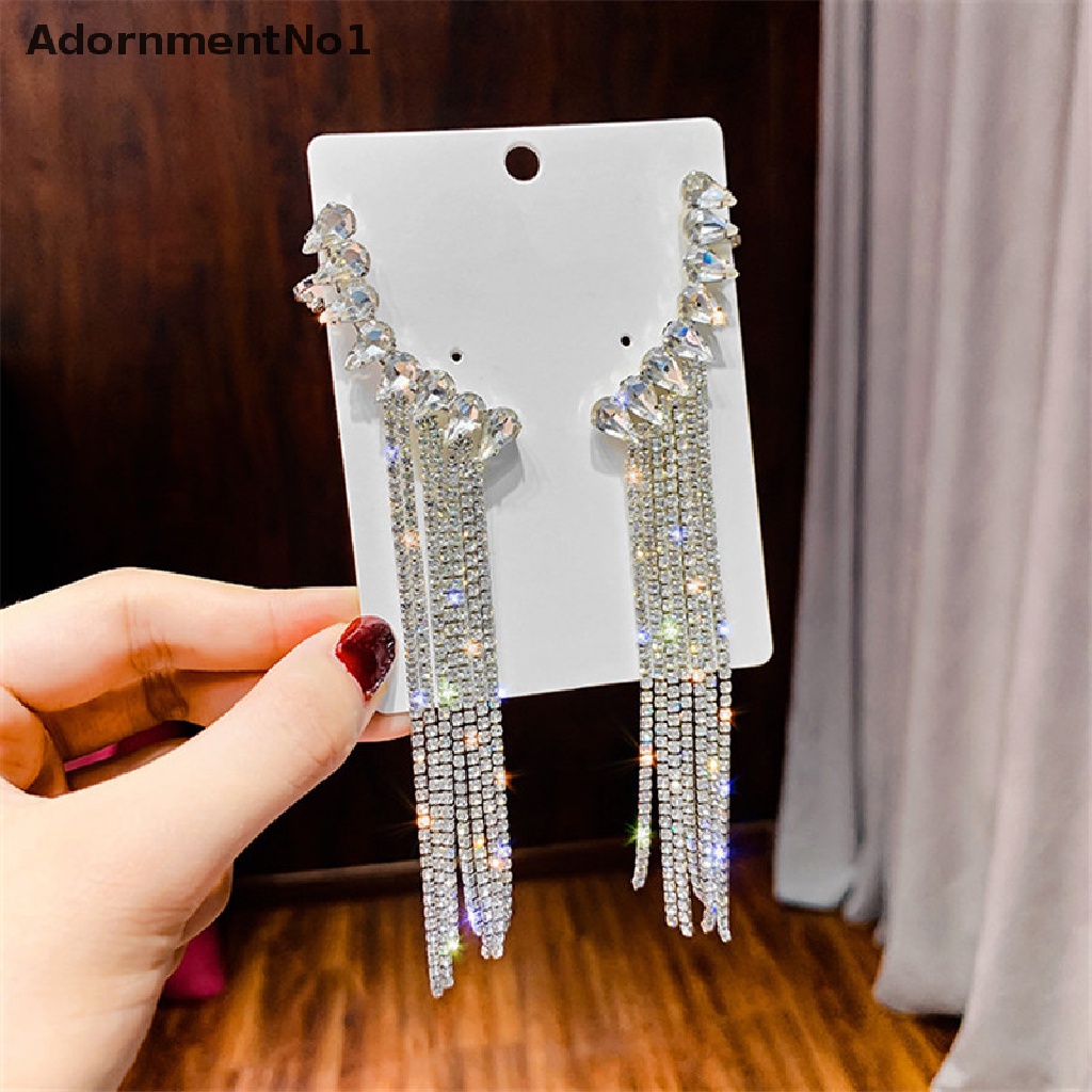 (AdornmentNo1) Anting Gantung Panjang Tusuk Motif Tetesan Air + Rumbai + Kristal + Berlian Imitasi Untuk Wanita