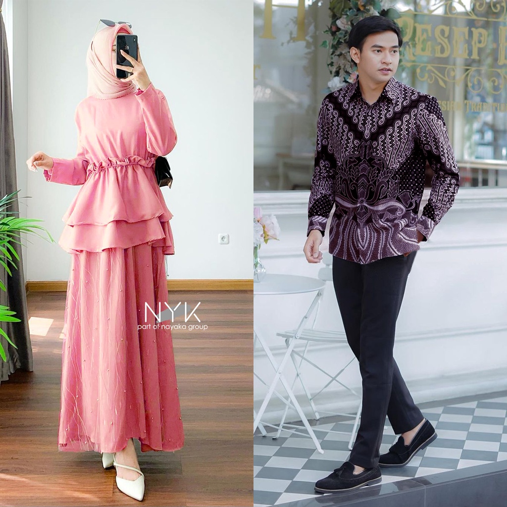 GAMIS COUPLE DRESS KONDANGAN ELAINE TILE MUTIARA - DRESS BRUKAT PESTA MODERN - COUPLE GAMIS MUSLIM LENGAN PANJANG - MAXI DRESS COUPLE LAMARAN