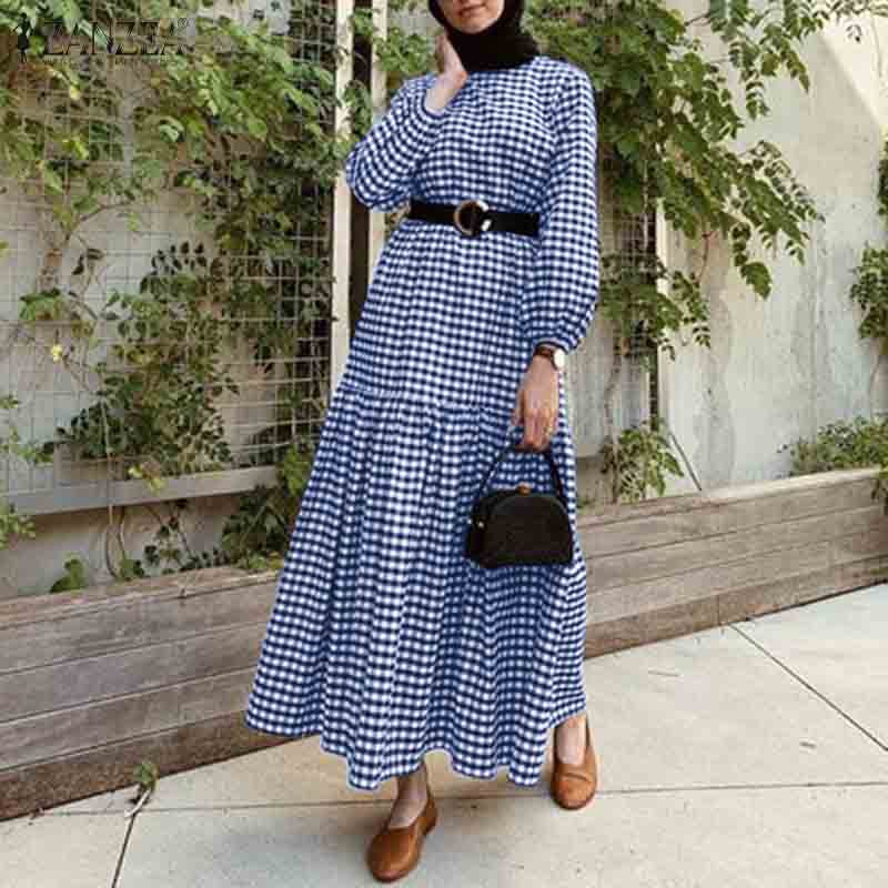 ZANZEA Women Casual Elastic Cuffs Puff Sleeve Plaid Muslim Long Dress