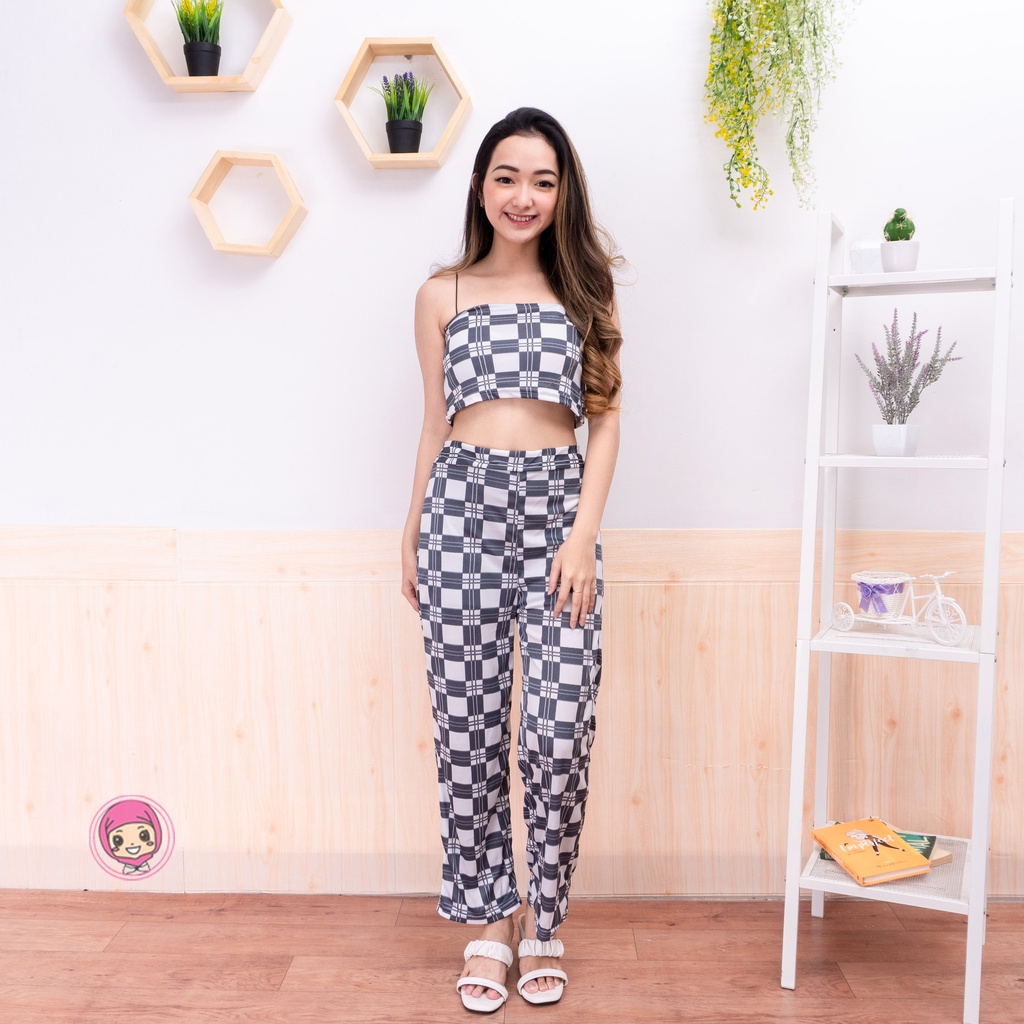 Set Honey Wanita Korean Style | Set TankTop Kotak Guilen Terkini-GHASEL PUTIH