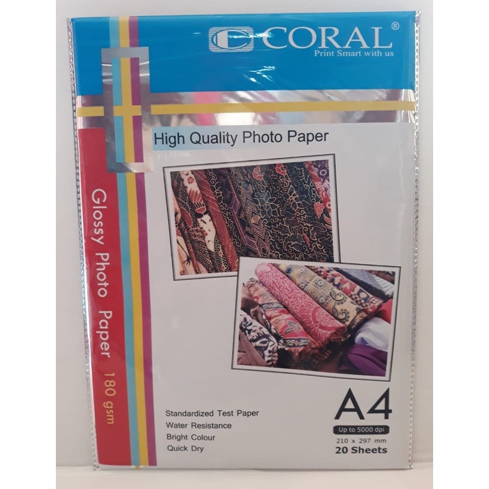 

Senikertas- Kertas Photo Coral Glossy A4-180 Gr (Pack=20 Sheets) -Kertas-Seni.