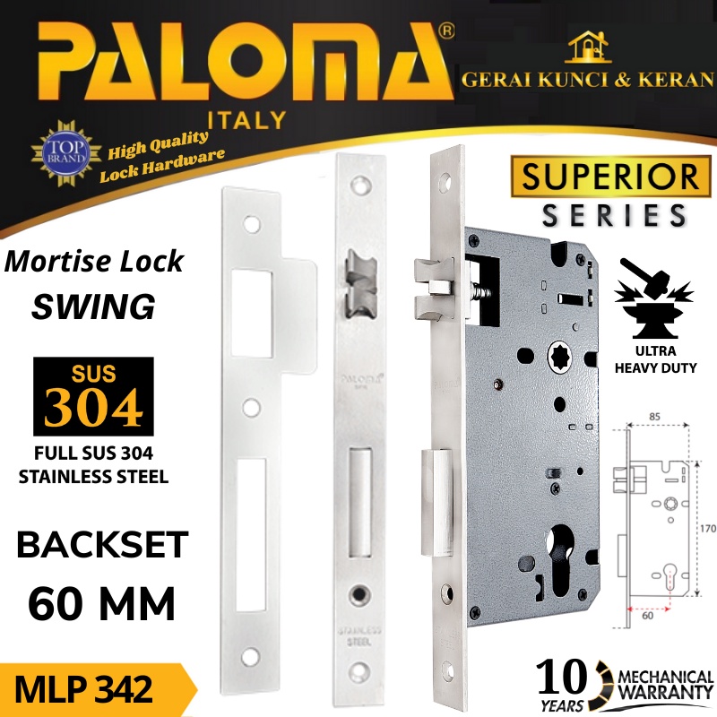 BODY KUNCI PINTU PALOMA SWING MLP 342 STAINLESS  SUPERIOR 60 MM MORTISE LOCK SWING