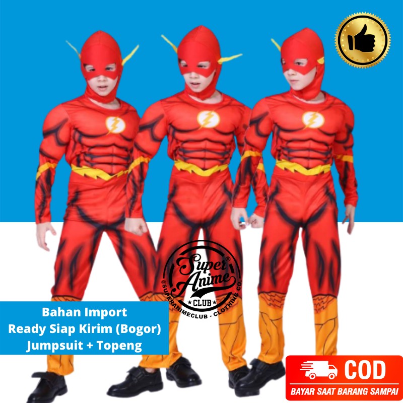 Kostum Otot Flash Anak Import Cosplay Ultah Superhero Busa Jumpsuit Import Costume Ulang Tahun