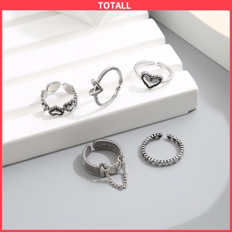 COD Cincin Cinta Terbuka Retro Sederhana Kreatif 5-piece Set Cincin Jari Telunjuk Berongga-Totall