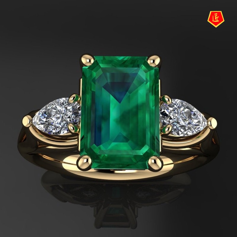 [Ready Stock]Fashion Elegant 18K Gold Green Square Diamond Ring