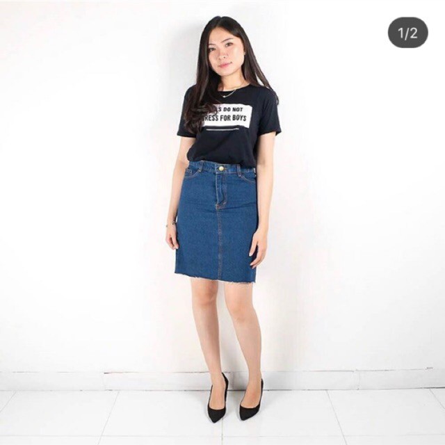 Rok jeans pendek span midi / Rok jeans pendek wanita terbaru