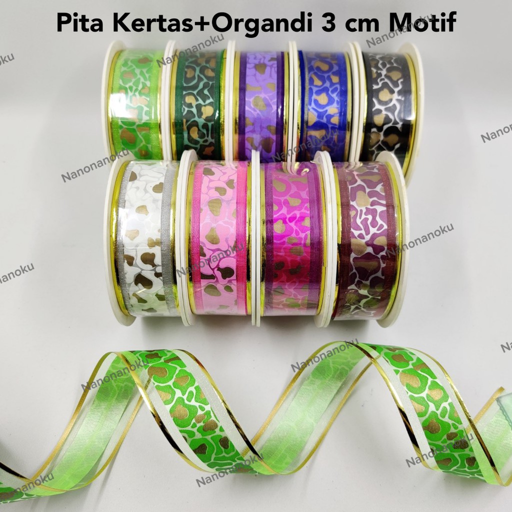 Pita Organdi + Kertas 3 cm Motif Hampers Souvenir Kado Parsel Dekor