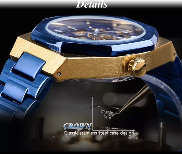 Jam Tangan Pria Automatic Forsining Oak Original Transparan Gold Royal Blue