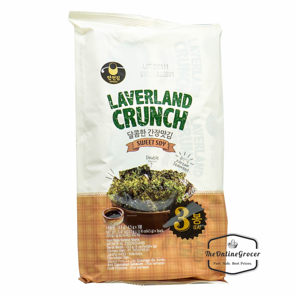 Laverland Crunch Sweet Soy Seaweed 3x4.5gr - Cemilan Rumput Laut Rasa Kecap Manis Jepang