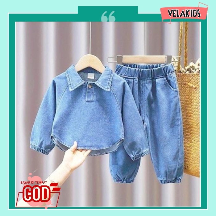Setelan Anak Levis Demin Perempuan Girl Import Lengan Pendek Set Baju Anak Cewek 2-4 thn