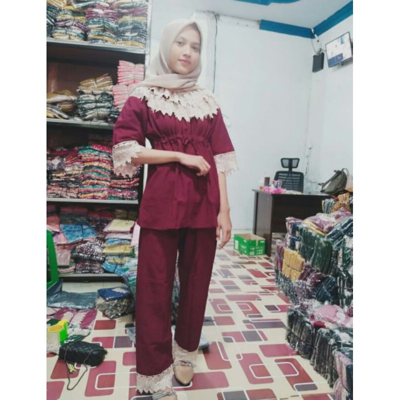 SETELAN WANITA/BAJU SETELAN WANITA/SETELAN ARAB RENDA DASTER ARAB MURAH DAUN LV