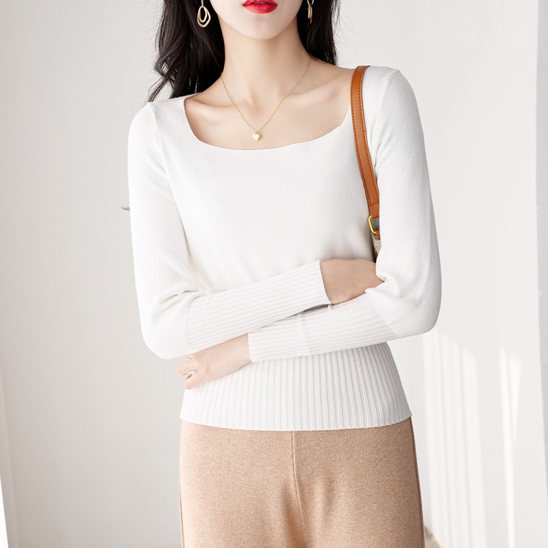 【Elegant】Fashion Plain Casual Square Neck Long Sleeve T-Shirts 7370