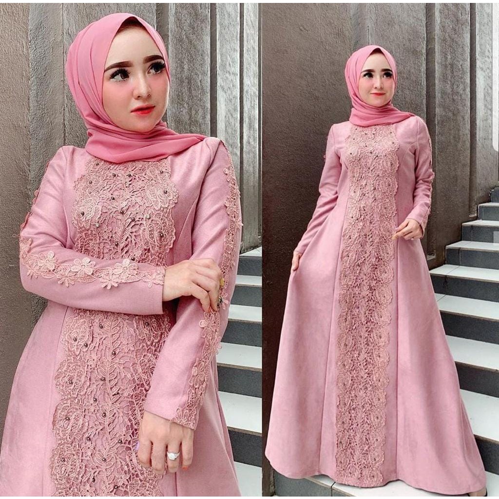 XC - Dress Brokat Linken / Dress Maxi Jumken / Fashion Muslim Model Brukat Idul Fitri-Dusty