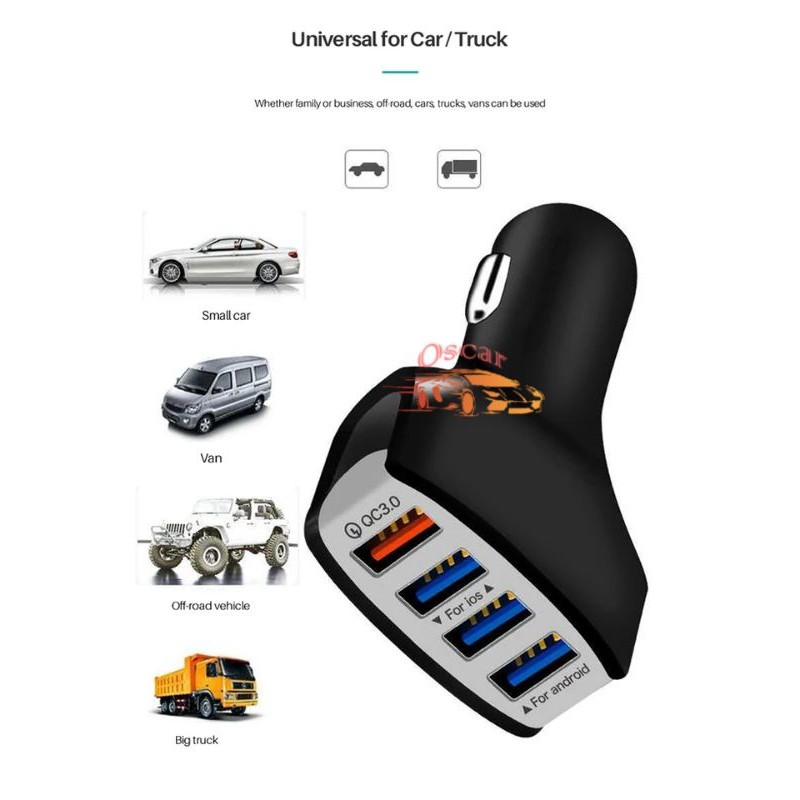 Car Charger Colokan Mobil 4 Ports QC3.0 3.1A Qualcomm Black White
