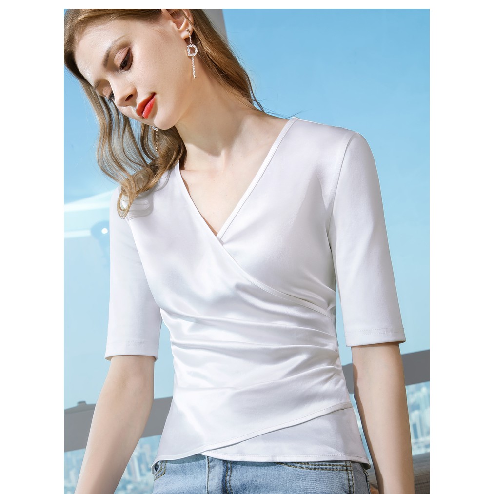 【Moon Blush】Korean Halus Lembut Solid Fold V-neck Satin Blouse 7237