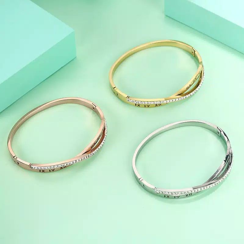 obral murah athar shop COD Gelang titanium wanita bangle angka romawi gold rose gold dengan permata