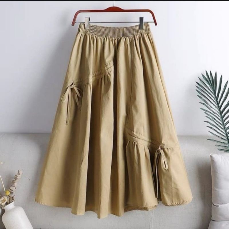 PROMO!! DANIELA SKIRT Rok Wanita Kekinian Polos Serut Bahan Linen Gaya Casual Basic Skirt Dewasa Remaja Terbaru-3