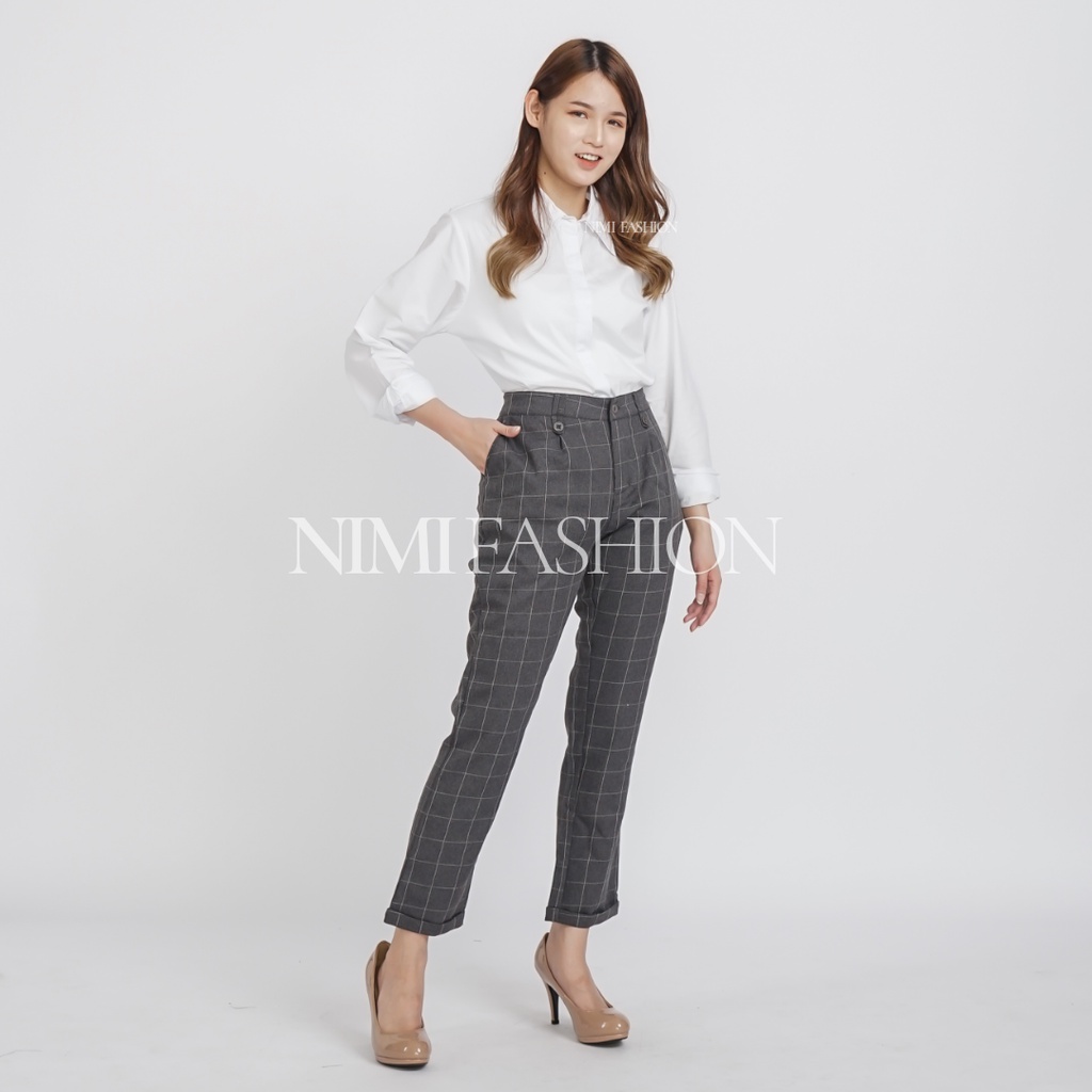 NIMI - Celana Tartan Wanita Bawahan Baggy Pants Kotak Wanita Pinggang Karet