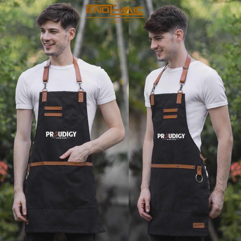 Apron barista celemek barbershop celemek cafe kanvas waterpellen anti air warna hijau army dan pu leather strep