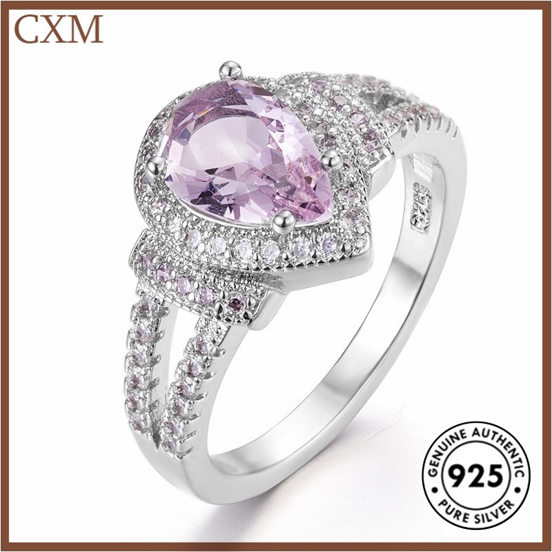 Cincin S925 Silver Bentuk Water Drop Aksen Berlian Warna Pink