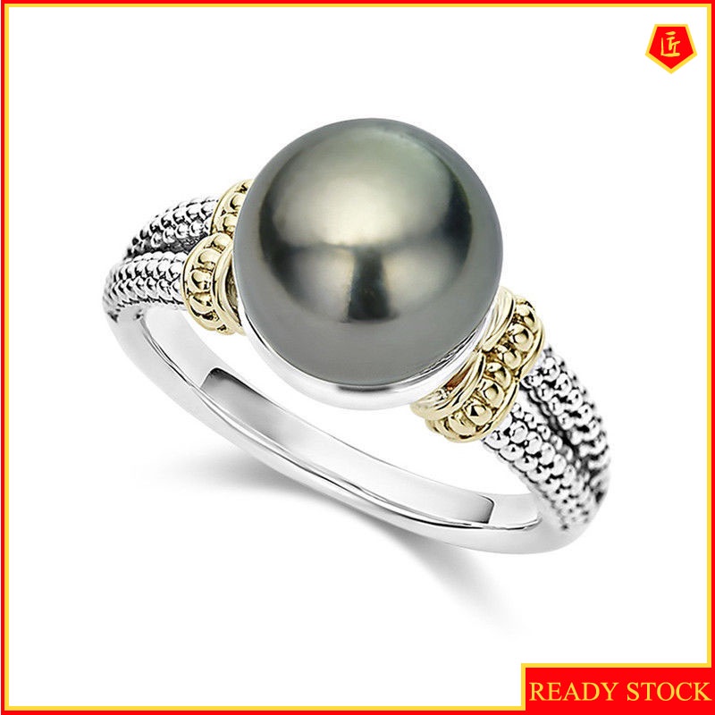 [Ready Stock]Gray Pearl Ring European and American round 925 Silver Engagement Ring