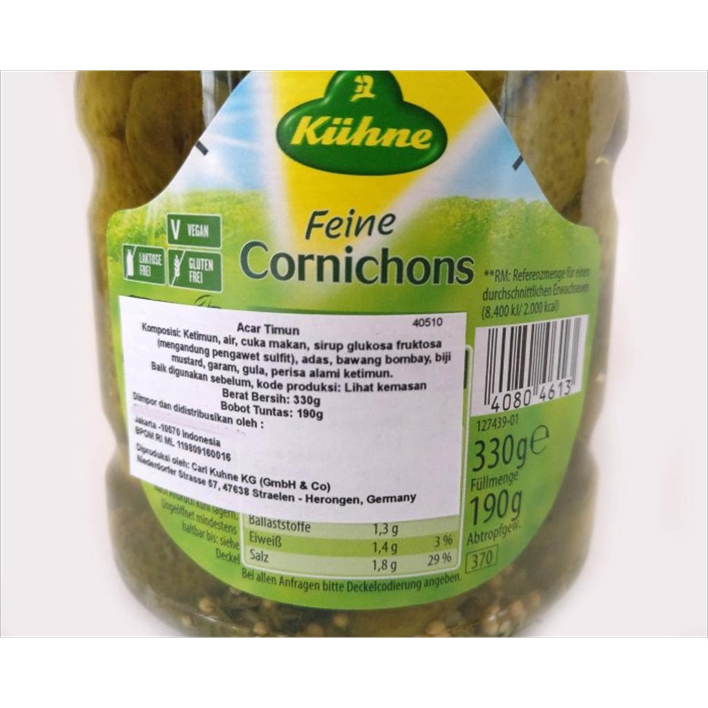 Kuhne Cornichons 330 GR / Ketimun Acar Asam Manis / Pickled Gherkins