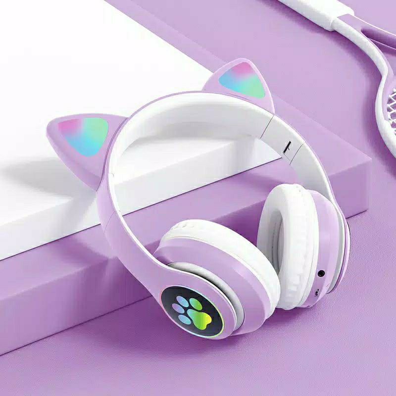 Headset Headphone Bluetooth STN28 Bando Cute Cat Ear STN 28 Macaron Model Telinga Kucing LED