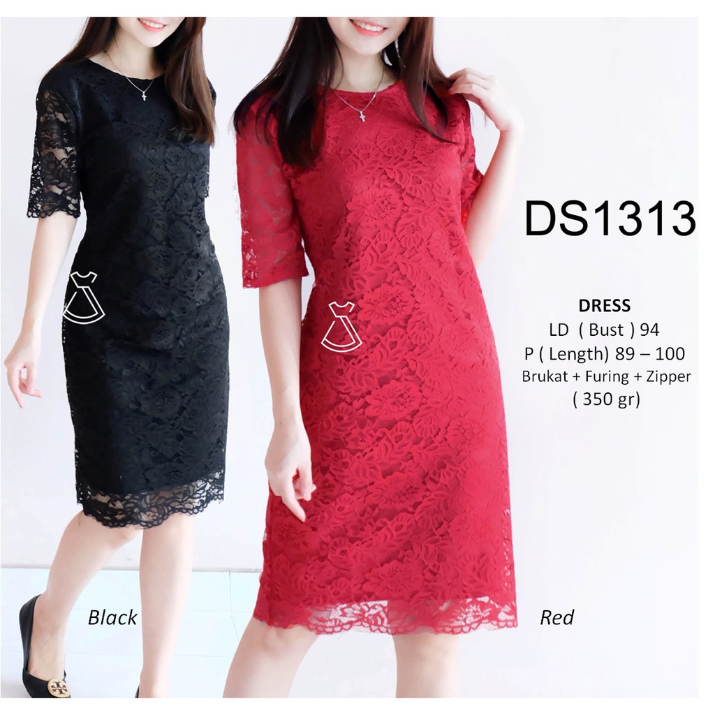 DS1313 - DRESS PESTA BRUKAT LACE MIDI SEPAN DRESS NATAL WANITA