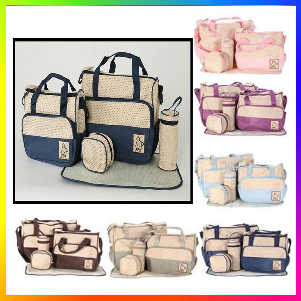 Tas Perlengakapan Bayi 5in1 / 1 Set Tas Bayi 5 in 1 Diaper Baby Bag Set Tas Multifungsi Storage Bag Organizer Organiser Tas Botol Minum Tas Makanan Tas Serbaguna Tas Besar Tas Kecil Popok Bayi Perlak Diapers Mom Bag Food Kado Tas - Warna Acak