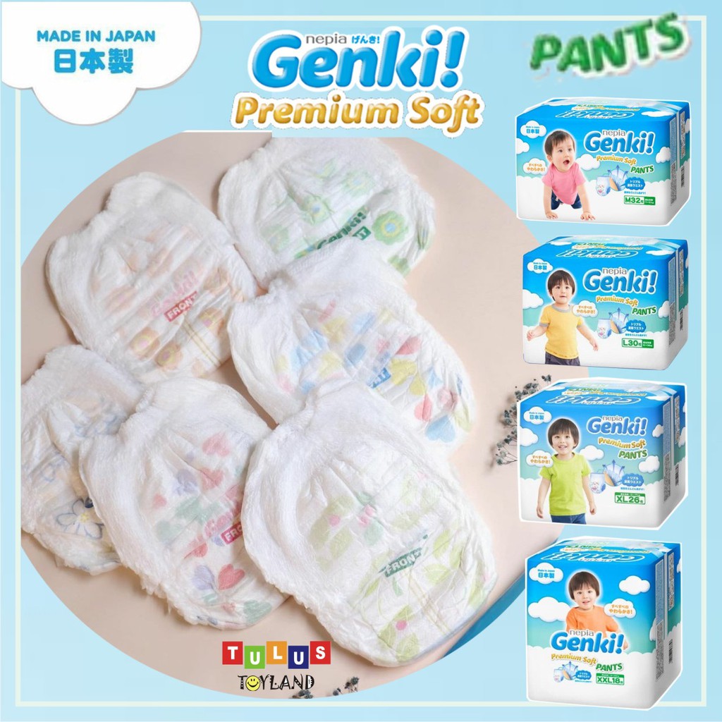 Nepia GENKI PANTS Soft Premium Diapers Celana size M 32 / L 30 / XL 26 / XXL 18 popok diaper bayi