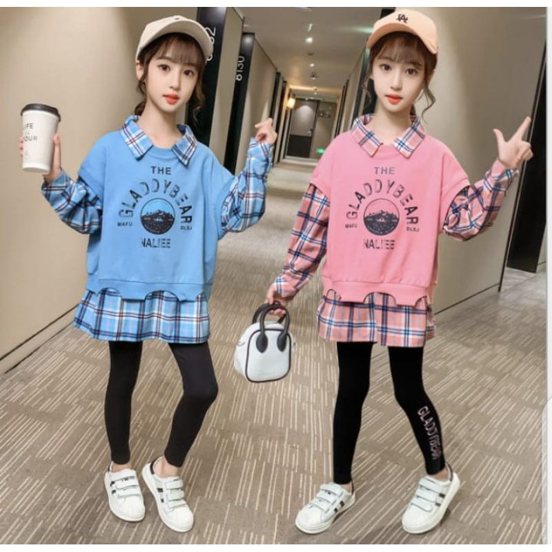 Setelan sweater kemeja kotak ala korea legging anak cewek remaja import murah Korea - setelan baju