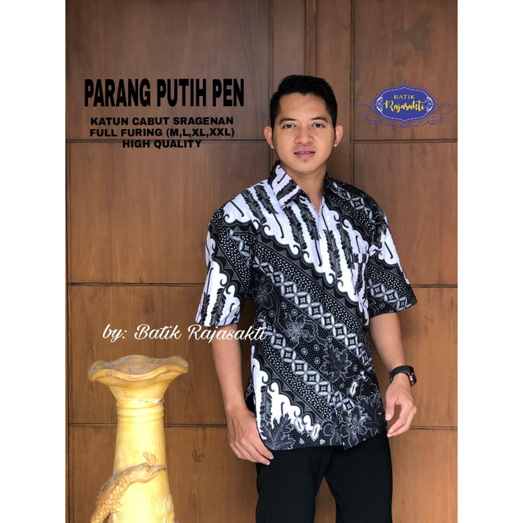 PARANG PUTIH Kemeja Batik Pria Lengan Pendek Katun Halus FULL FURING Rajasakti