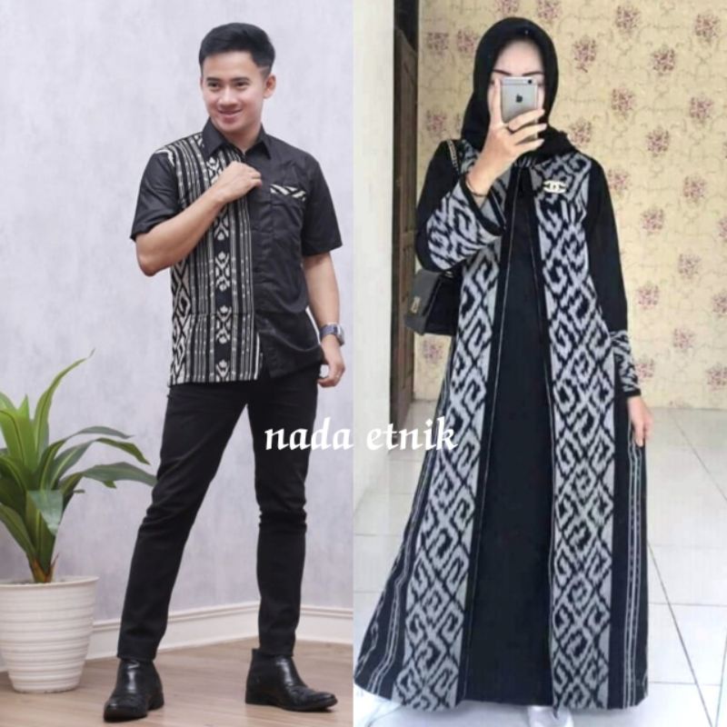 gamis tenun couple etnik muslim muslimah set baju seragam keluarga kondangan pesta prewedding kantor sarimbit tunik dress wanita kemeja pria panjang pendek aurora motif sumba toraja ntt jepara outer cardigan