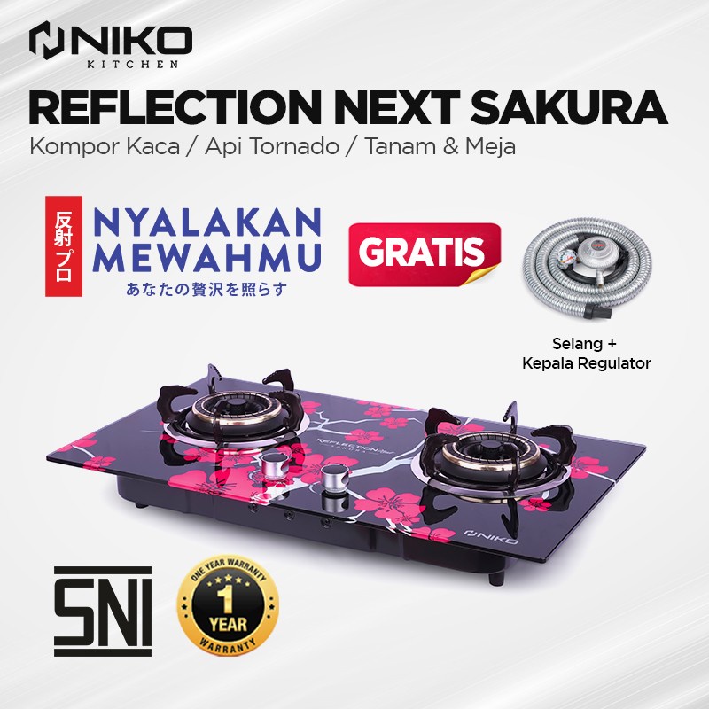 Kompor Gas kaca 2 Tungku - NIKO Reflection SAKURA [Free Selang]