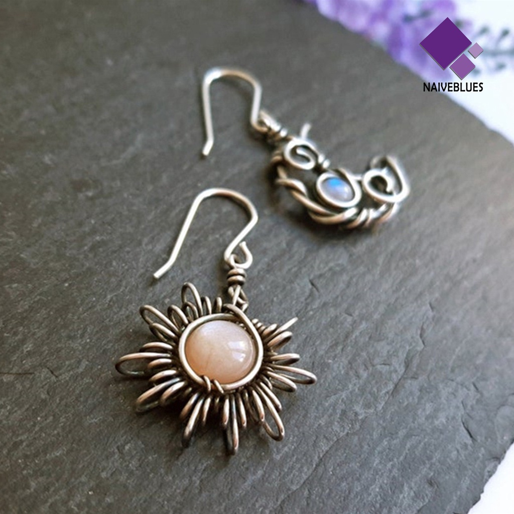 Anting Kait Gantung Wanita Desain Matahari + Bulan Sabit Asimetris Gaya Boho Untuk Pesta